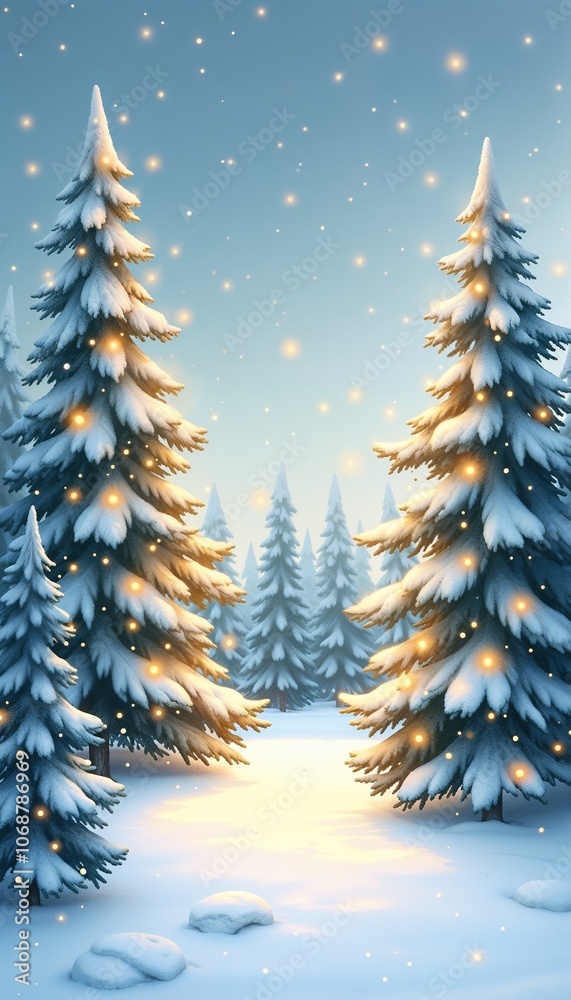 Obraz premium Majestic Snow-Covered Pine Trees with Magical Lights Against Winter Twilight Sky