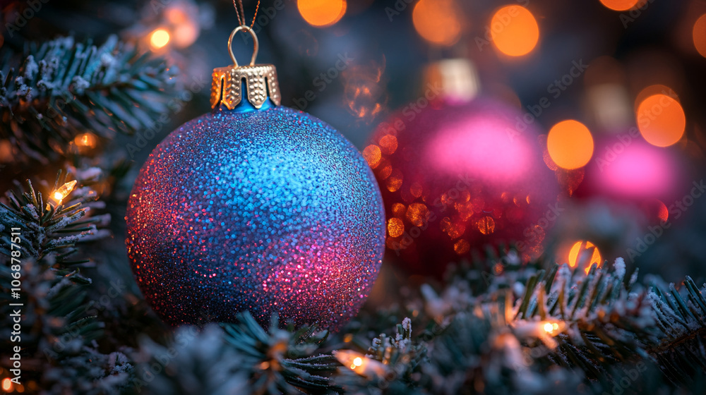 Close-up of Sparkling Ornaments hanging on a green pine branch, capturing the elegance of holiday decoration.