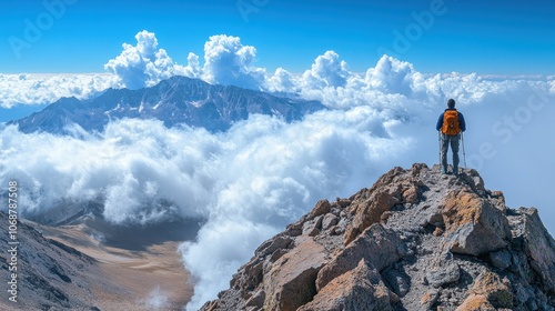 Hiker Stands on Mountain Peak Above Clouds