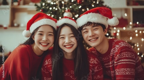 Three friends celebrate Christmas in festive attire in cozy room