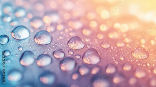 Macro Photography of Crystalline Water Droplets: Morning Light Refraction, Pristine Clarity, and Ultra-Sharp Focus, Ideal for Premium Beverage or Skincare Marketing.