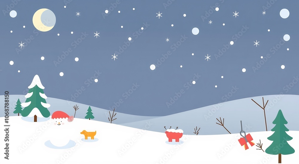 A snowman with a hat and a dog standing in the snow with a reindeer in the background and a gift underneath a tree. A snowman with a hat and a dog standing in the snow with a reindeer in the background and a gift underneath a tree.
