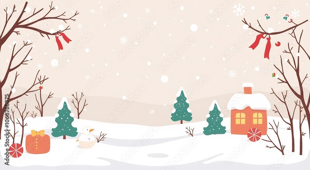 Cute winter landscape with a house, trees, and snowman. Cute winter landscape with a house, trees, and snowman.