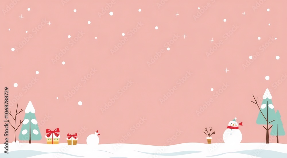Cute snowman and snowy trees on a pink background with falling snow. Cute snowman and snowy trees on a pink background with falling snow.
