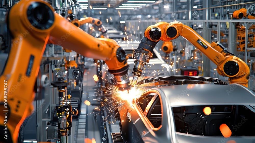 A car factory with robots welding cars, sparks flying from the robots' arms. A car factory with robots welding cars, sparks flying from the robots' arms.