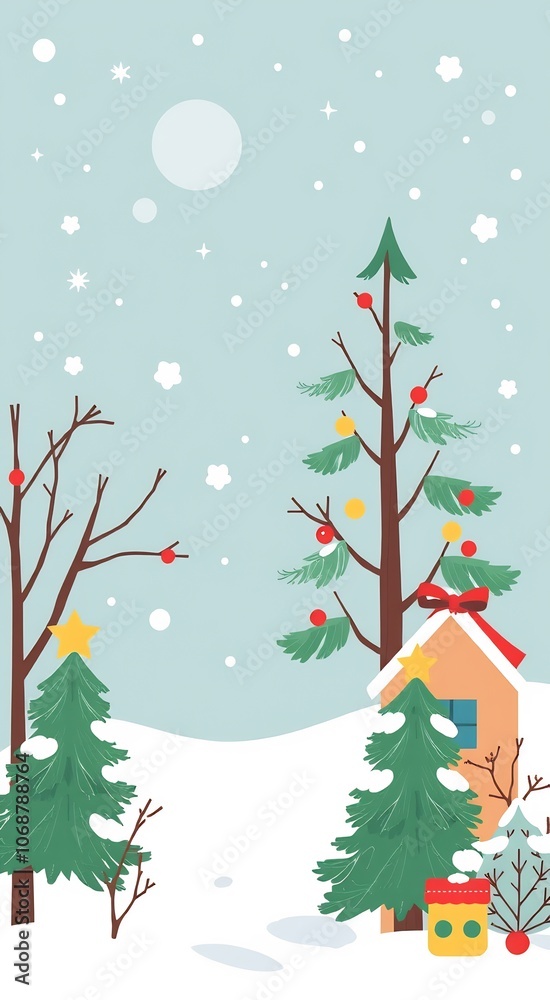 A snowy winter landscape with a decorated Christmas tree, a cute cottage, and a bare tree. A snowy winter landscape with a decorated Christmas tree, a cute cottage, and a bare tree.