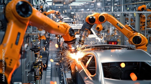 A car factory with robots welding cars, sparks flying from the robots' arms.