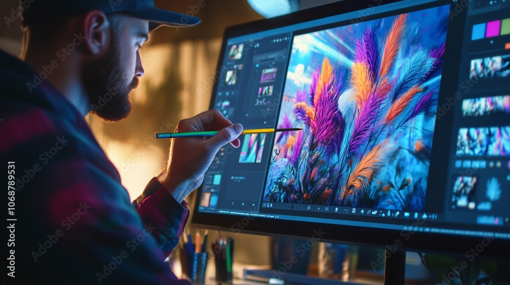 Graphic Designer Working on Vibrant Artwork on a Large Monitor Graphic Designer Working on Vibrant Artwork on a Large Monitor