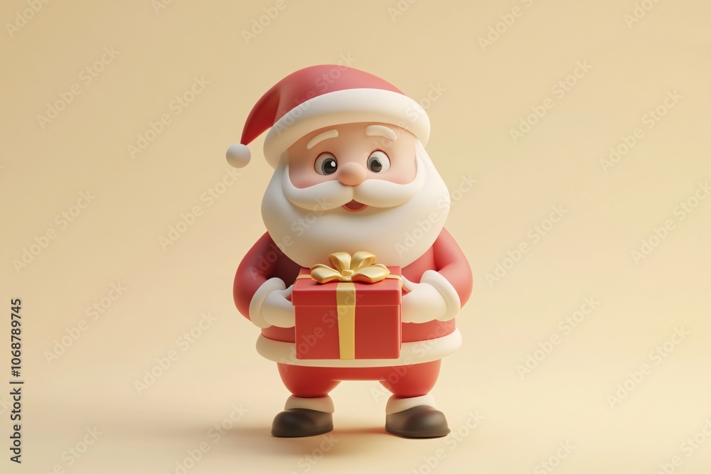 Obraz premium A cheerful Santa Claus figurine holding a beautifully wrapped gift, perfect for celebrating the holiday season in festive decor
