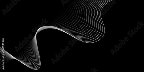 Abstract white wave dynamic curve lines on black background with flowing particles. Digital energy waves technology concept. Modern backdrop design for business, presentation, banner.