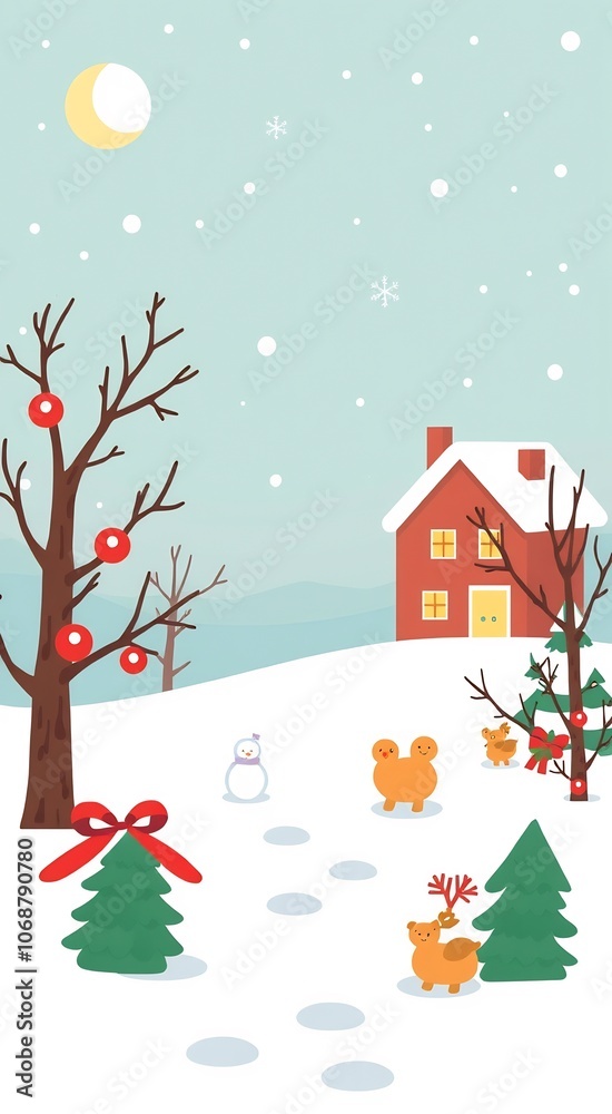 A snowy winter scene with a red house, trees, a snowman, and two reindeer. A snowy winter scene with a red house, trees, a snowman, and two reindeer.