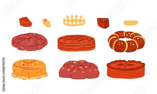 Kings cakes, crowns, baby figure. Set of traditional Epiphany pies. Christmas celebration food, catholic holiday. Vector illustration.