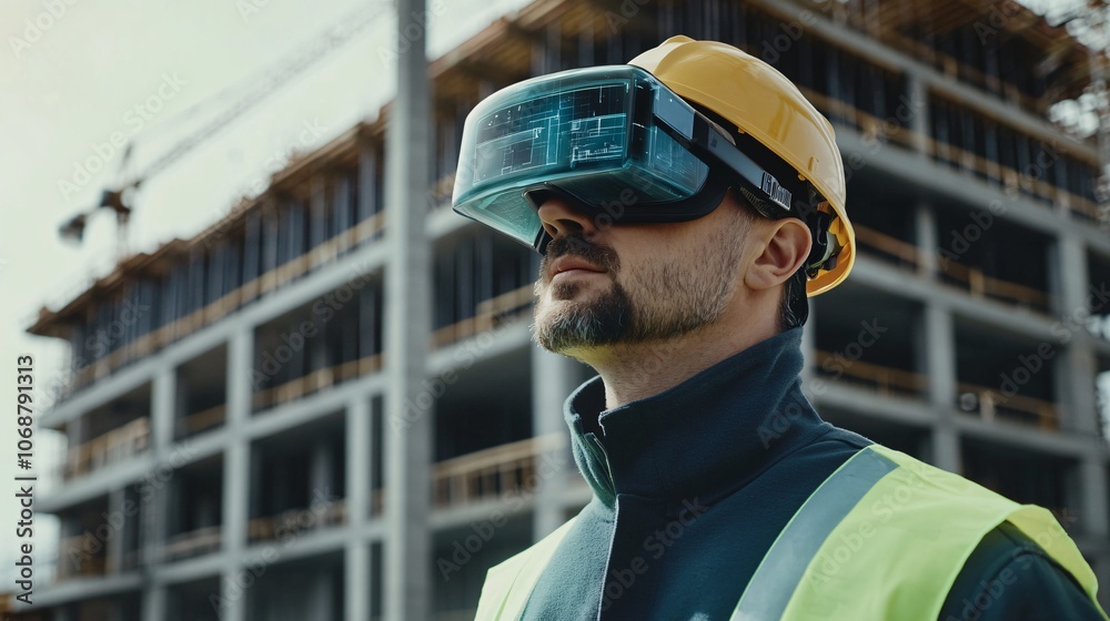 Construction Worker Using Virtual Reality Headset on Building Site