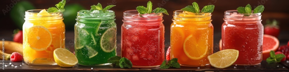 A row of refreshing fruit mocktails in mason jars with fresh mint, citrus slices, and ice, creating a vibrant and colorful setup.
A row of refreshing fruit mocktails in mason jars with fresh mint, citrus slices, and ice, creating a vibrant and colorful setup.