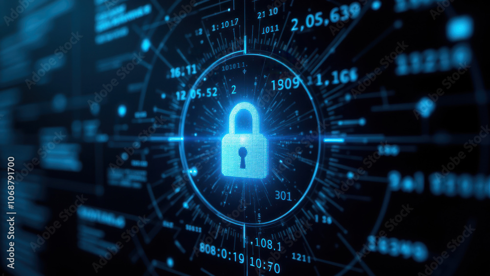 Digital security interface with glowing lock and data flow. Digital security interface with glowing lock and data flow.