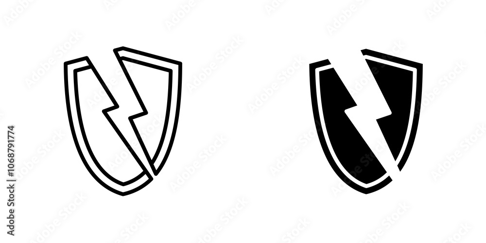 Broken shield icon symbol collection on white background. Broken shield icon symbol collection on white background.
