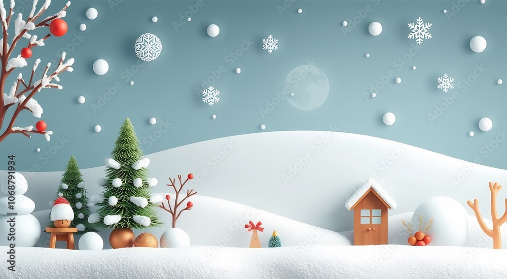 Winter wonderland with a small wooden cabin, snowy hills, a pine tree and red berries. Winter wonderland with a small wooden cabin, snowy hills, a pine tree and red berries.