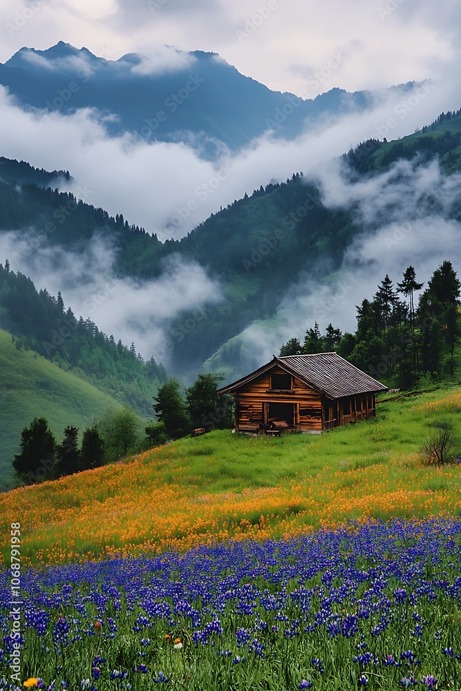 Wooden Cabin Nestled Amidst a Field of Flowers in a Misty Mountain Landscape Wooden Cabin Nestled Amidst a Field of Flowers in a Misty Mountain Landscape
