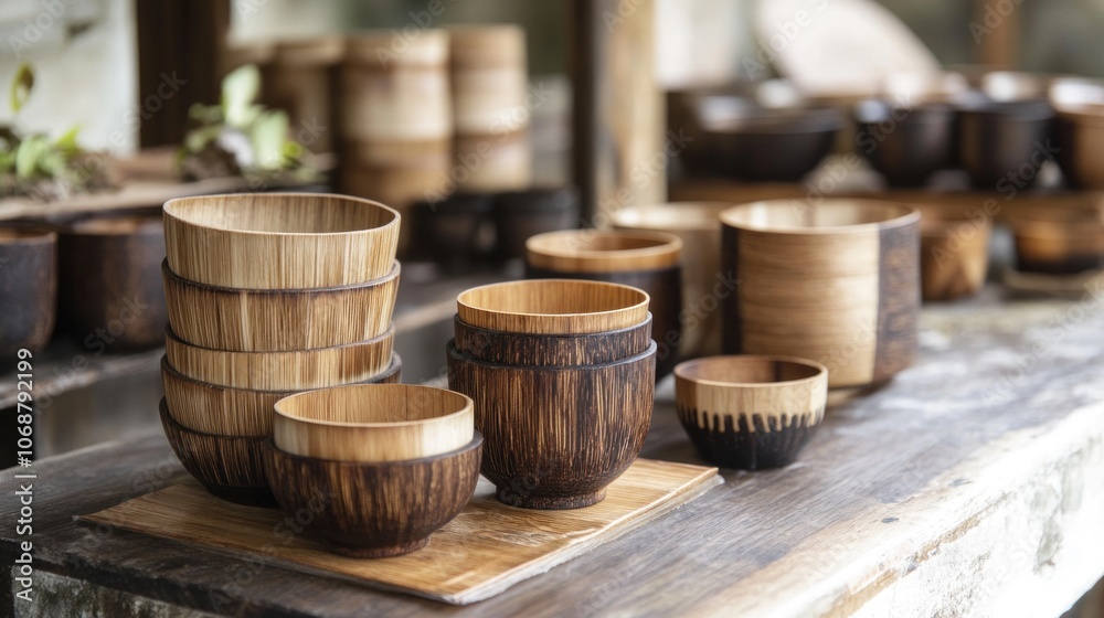 Fototapeta premium Stack of Wooden Bowls on a Rustic Tabletop
