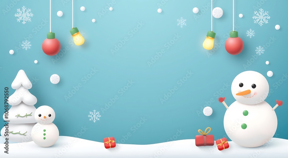 A blue winter wonderland with a snowman, presents, a Christmas tree and snowflakes. A blue winter wonderland with a snowman, presents, a Christmas tree and snowflakes.