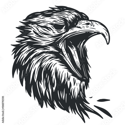 Monochrome hand drawn screaming raven isolated on white background. Vector illustration for tattoo, print, emblem.