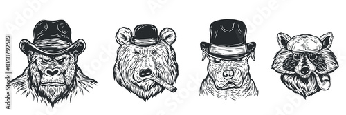 Set hand draw animals head in creative fashion style. Monochrome hipster anthropomorphic characters. Gorilla, bear, dog, raccoon.