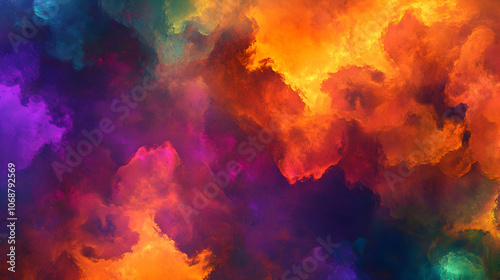 Colorful, fiery clouds in warm tones of red, orange, and purple, evoking a sense of cosmic wonder