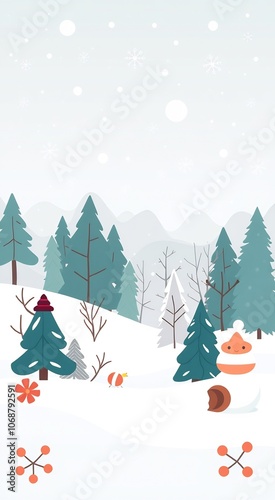 Cute snowman in a snowy winter forest.