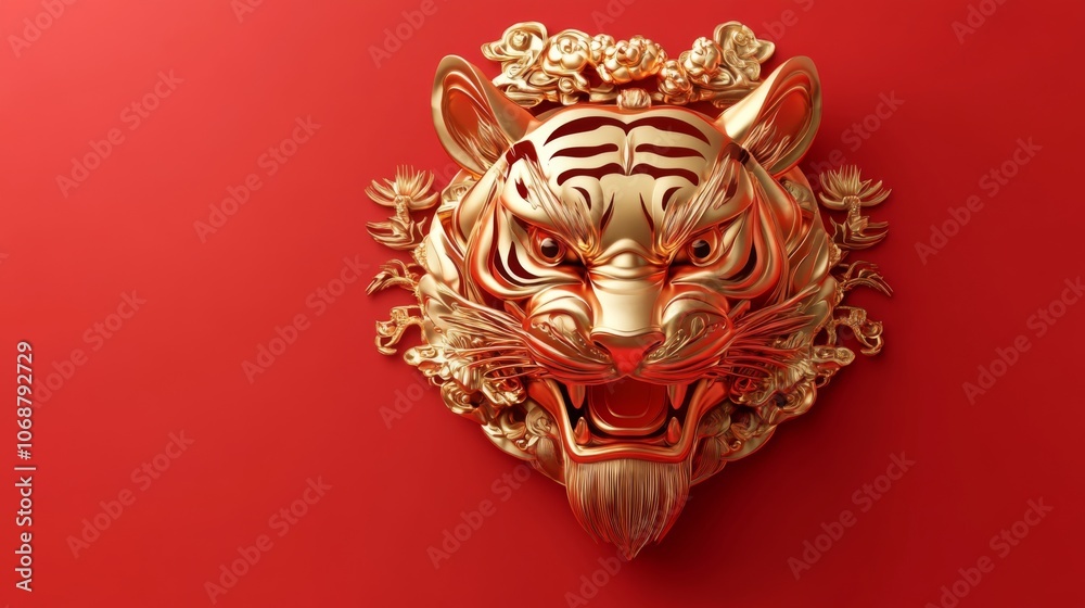 A gold tiger head with a red background A gold tiger head with a red background