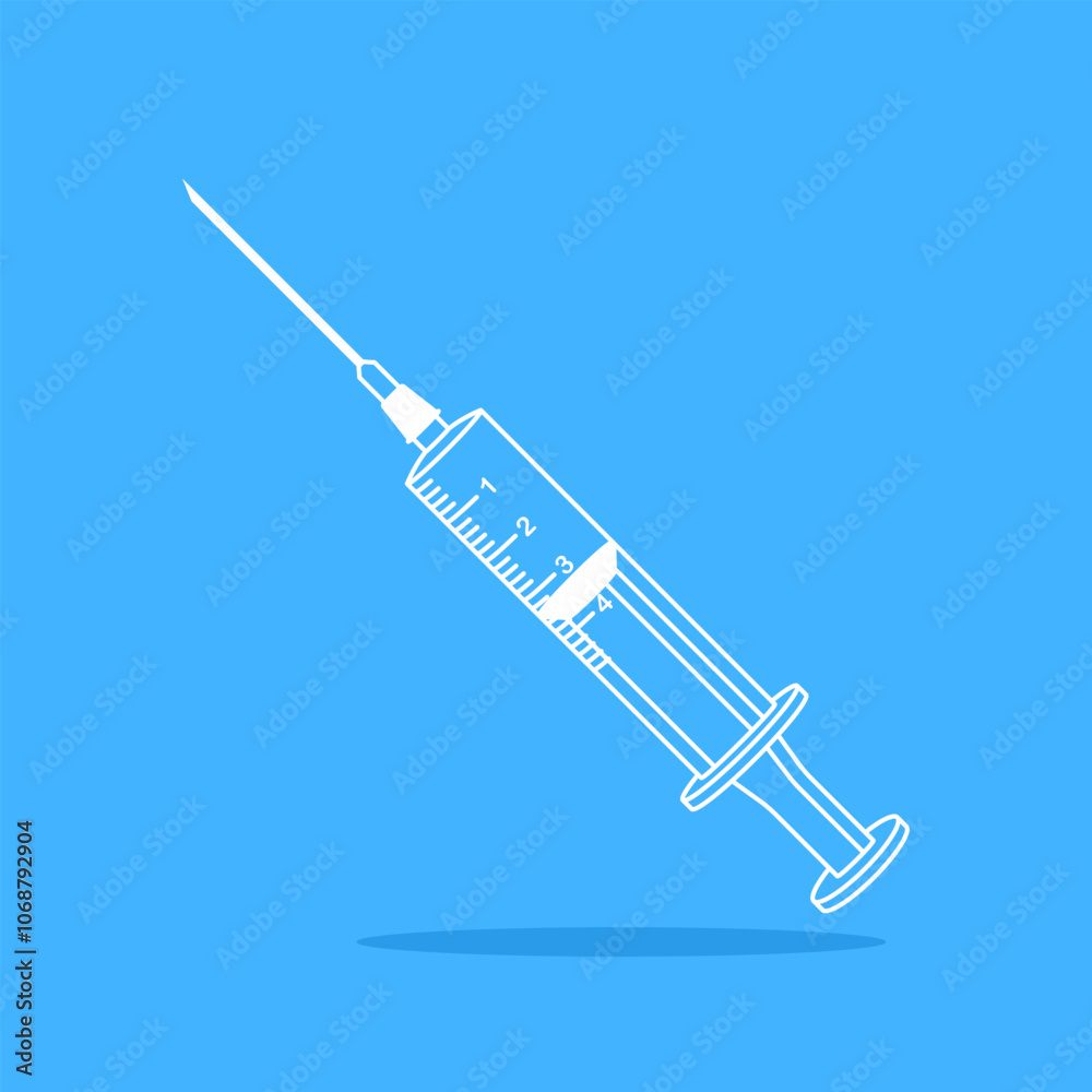 Medical syringe, shot, injection, disposable syringe, medical instrument, isolated, blue background. Medical syringe, shot, injection, disposable syringe, medical instrument, isolated, blue background.