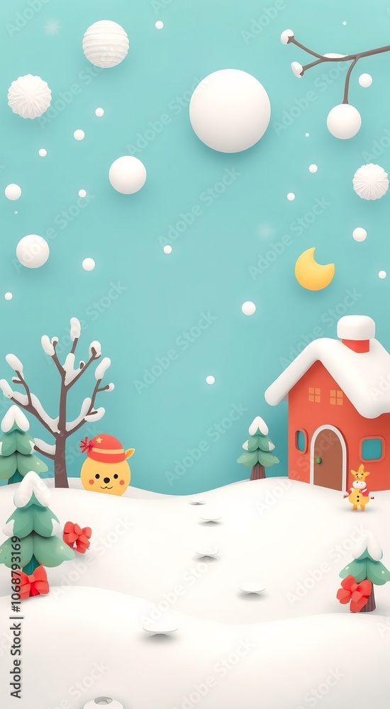 Cute 3D Cartoon Winter Scene with a Red House and Snow Covered Trees. Cute 3D Cartoon Winter Scene with a Red House and Snow Covered Trees.