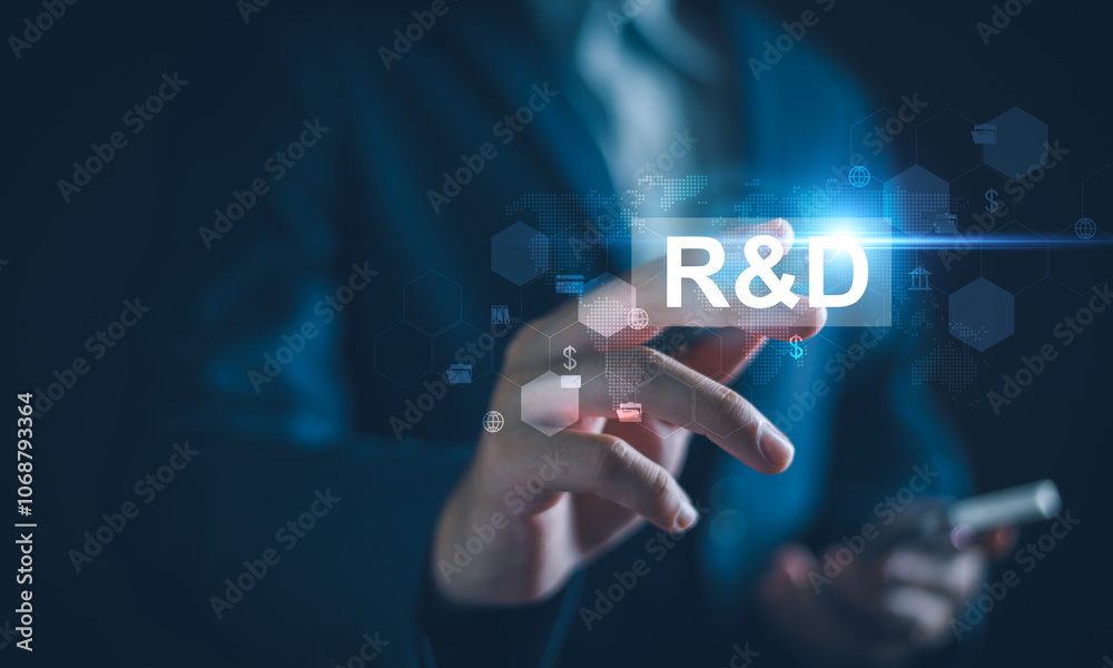 Research and Development, R and D Concept. businessman with R and D, Research and development or R and D to remine new product development process explains the importance of each step of work Research and Development, R and D Concept. businessman with R and D, Research and development or R and D to remine new product development process explains the importance of each step of work