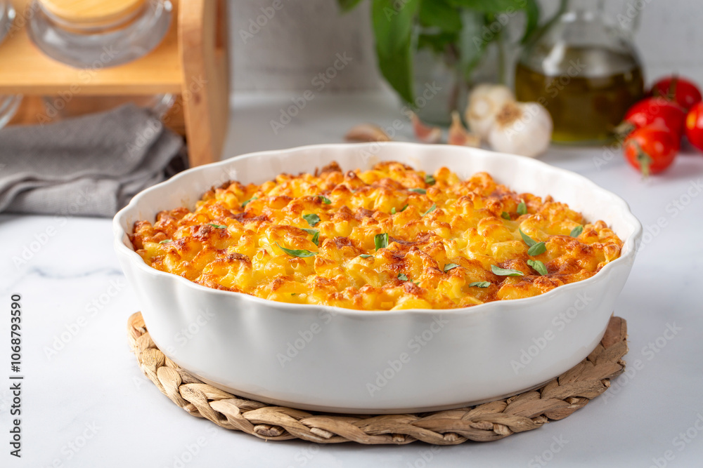 Traditional North American dish. Baked pasta with cheese.