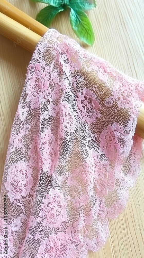 Delicate pink lace fabric draped elegantly on a wooden surface. Delicate pink lace fabric draped elegantly on a wooden surface.