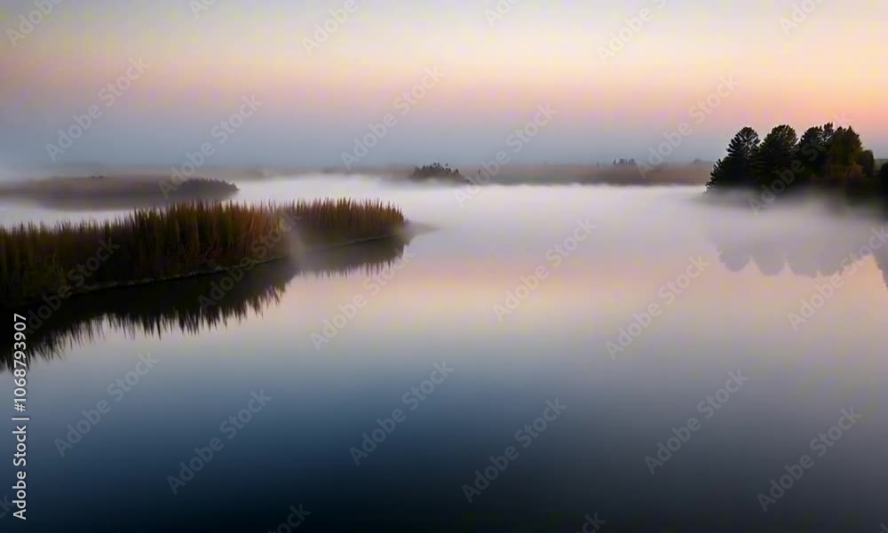 Layers of fog moving across a still pond in soft pastel-colored light Layers of fog moving across a still pond in soft pastel-colored light