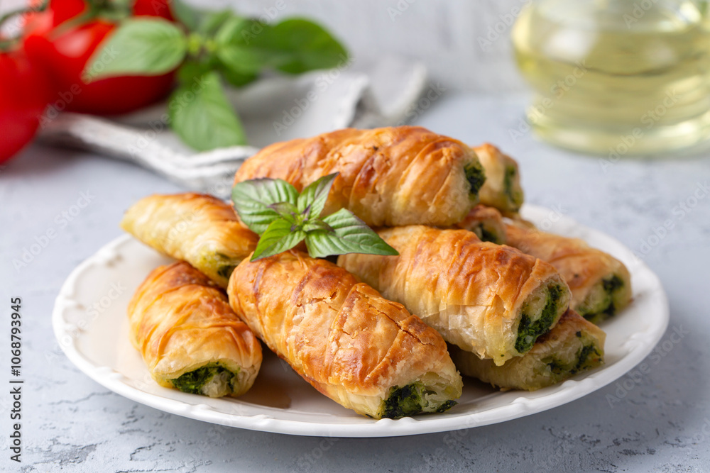 Turkish Tepsi Boregi, Round Borek, Tray pastry (Turkish name; rulo borek - sigara boregi). Spinach Pie. Turkish Tepsi Boregi, Round Borek, Tray pastry (Turkish name; rulo borek - sigara boregi). Spinach Pie.