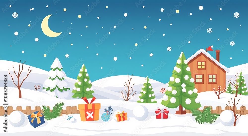 A snowy winter landscape with a house, pine trees, and presents. A snowy winter landscape with a house, pine trees, and presents.