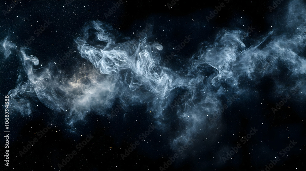 Fototapeta premium Black and white smoky wisps float across a dark background, resembling ghostly forms in a mysterious, abstract design