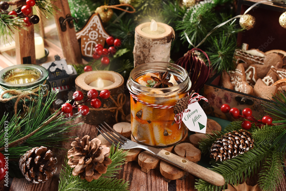 A jar of herring fillets in oil with prunes on Christmas table A jar of herring fillets in oil with prunes on Christmas table