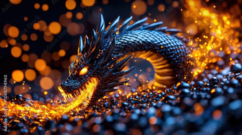 Fantasy dragon breathing fire, striking against a dark background. Fantasy dragon breathing fire, striking against a dark background.