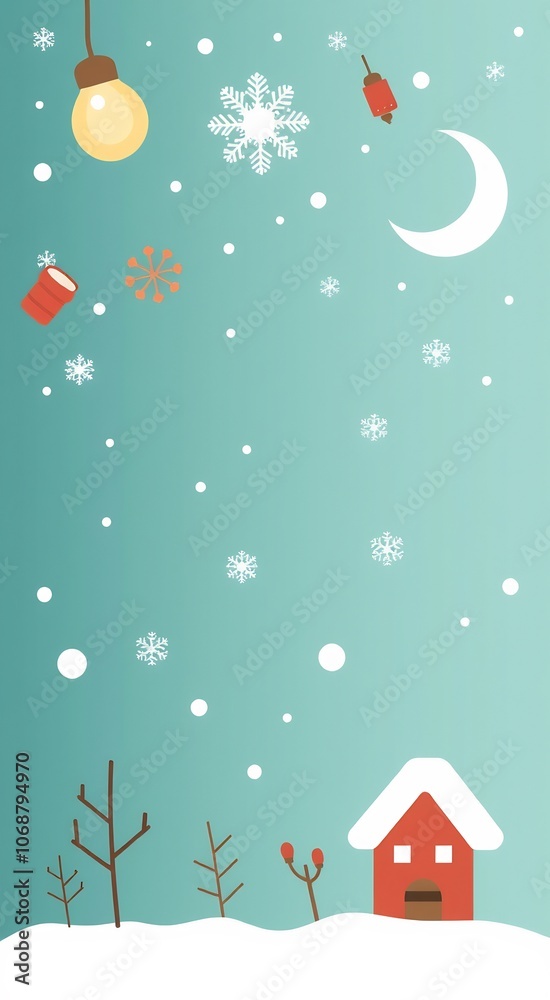 A cozy red house sits in a snowy landscape under a night sky with snowflakes, a crescent moon, and a lit lightbulb. A cozy red house sits in a snowy landscape under a night sky with snowflakes, a crescent moon, and a lit lightbulb.