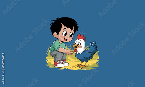 Boy feeding a friendly chicken outdoors on a sunny day