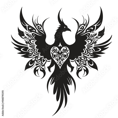 Black and white phoenix with a detailed head and beak