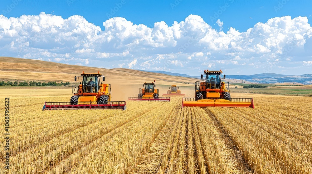 Fototapeta premium Tractors harvesting wheat in a vast golden field under a clear blue sky.