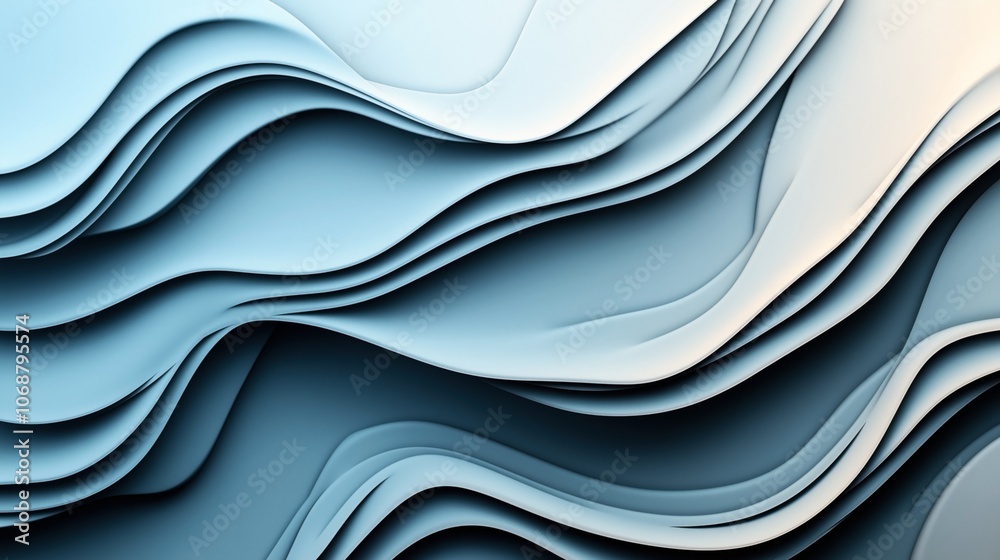 Abstract image of overlapping wavy layers in shades of blue and white creating a fluid, wave-like pattern.