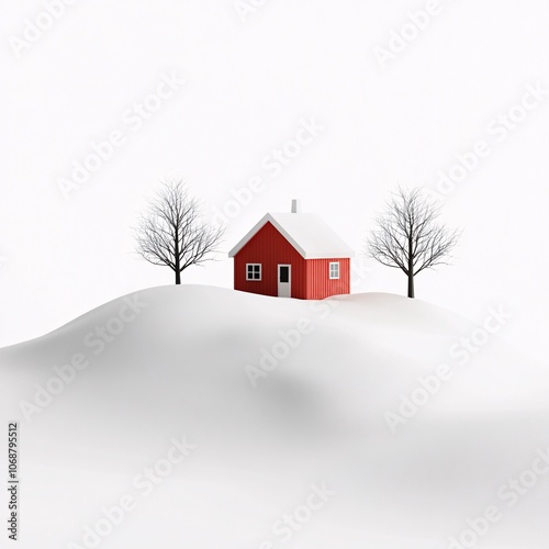 A solitary red house stands out against a tranquil snowy landscape during winter, with bare trees dotting the serene white hills