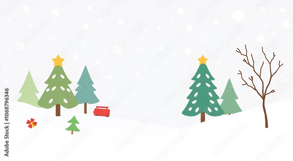 Christmas trees in a snowy landscape with a bare branch tree. Christmas trees in a snowy landscape with a bare branch tree.