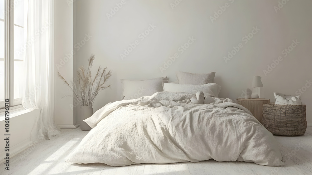 Obraz premium Sophisticated Minimalist Bedroom with Clean White Walls, Soft Bedding, Simple Decor Elements, and a Calm, Inviting Atmosphere