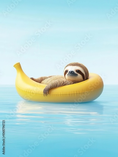 Sloth relaxing on a yellow banana float in serene blue water.