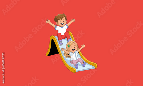 Two happy kids playing on a colorful slide in the park